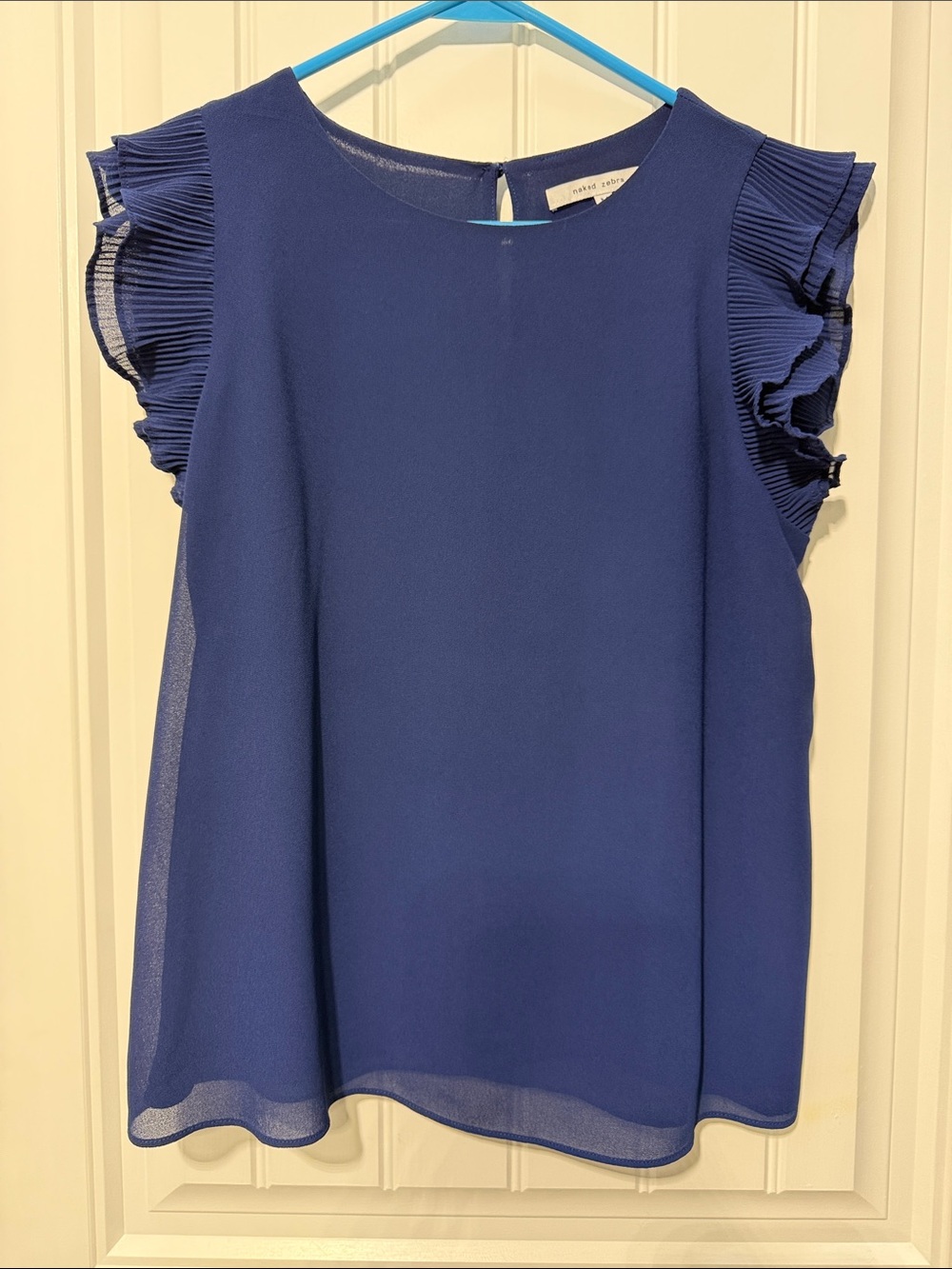 Naked Zebra Blouse Pleated Ruffle Sleeve Navy Blue Size Medium Sheer Top